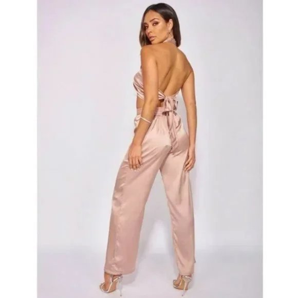 Nude Satin Silk Halter Neck Crop Top and High Waist Wide Leg Pants Two Piece Set - Picture 6 of 17